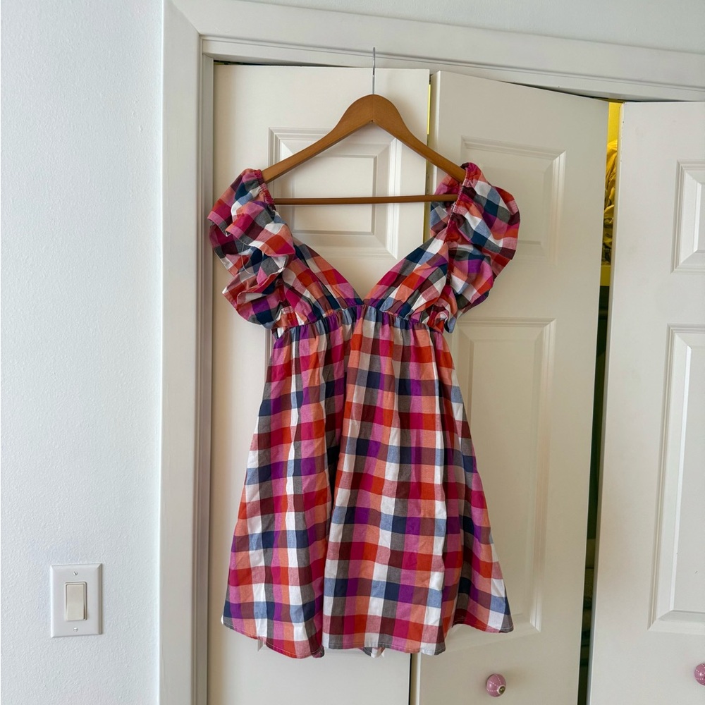 Colorful Plaid Ruffle V Neck Dress
